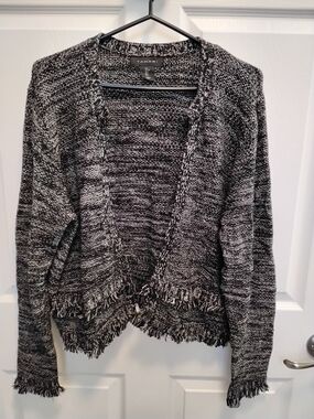 TAHARI Open Front Marled Knit Cardigan With‎ Fringe Trim 100% Cotton Size LG